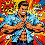 Muscular guy trying to button regular shirt, buttons flying off