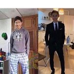 home clothes vs texudo asian guy