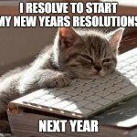 I totally didn't forget to make some this time around i swear | I RESOLVE TO START MY NEW YEARS RESOLUTIONS; NEXT YEAR | image tagged in tired cat | made w/ Imgflip meme maker