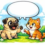 A pug dog with a text of Bubble but with no text talking with a