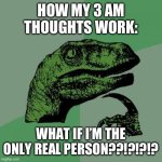 My 3am thoughts | HOW MY 3 AM THOUGHTS WORK:; WHAT IF I’M THE ONLY REAL PERSON??!?!?!? | image tagged in memes,philosoraptor | made w/ Imgflip meme maker
