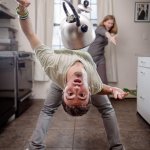 Man dodging kettle stock image