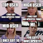 Everybody has one | TOP USER; HIGH USER; I ONLY GOT 1000 UPVOTES TODAY; I ONLY GOT 100 UPVOTES TODAY; ME; MID USER; YOU GUYS HAVE UPVOTES; I ONLY GOT 10 | image tagged in we are the millers,no upvotes,upvotes,upvote,so true memes,oh wow are you actually reading these tags | made w/ Imgflip meme maker