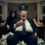 Fat Obese King Trump with money and satan in oval office Big Mac