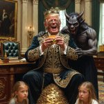 Fat Obese King Trump with money and satan in oval office Big Mac