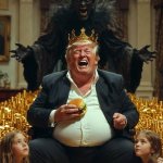 Fat Obese King Trump gold, girls, satan in oval office Big Mac