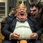 Fat Obese King Trump with gold and satan in oval office Big Mac