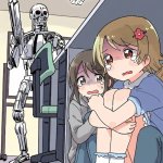 Girls hiding under desk