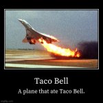 Do not eat Taco Bell, folks! | Taco Bell | A plane that ate Taco Bell. | image tagged in funny,demotivationals,taco bell,plane,memes,diarrhea | made w/ Imgflip demotivational maker
