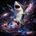 Three legged shark with blue Nike running shoes dancing in space