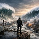 Double tsunami person on rooftop