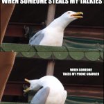 Inhaling Seagull | WHEN SOMEONE STEALS A SOCK; WHEN SOMEONE STEALS MY TALKIES; WHEN SOMEONE TAKES MY PHONE CHARGER; WHEN SOMEONE TAKES MY PHONE | image tagged in memes,inhaling seagull | made w/ Imgflip meme maker