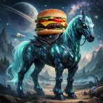 hamburger sitting on top of an alien horse