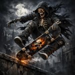 Badass skeleton on a skateboard