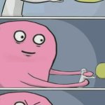 Person yellow ballon pink blob 3 panels