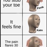 Panik Kalm Panik | You stub your toe; It feels fine; The pain flares 30 seconds later | image tagged in memes,panik kalm panik | made w/ Imgflip meme maker