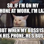 Smudge that darn cat | SO, IF I'M ON MY PHONE AT WORK, I'M LAZY; BUT WHEN MY BOSS IS ON HIS PHONE, HE'S BUSY. | image tagged in smudge that darn cat | made w/ Imgflip meme maker