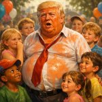 An orange fat sweaty Donald trump surrounded by a group of littl