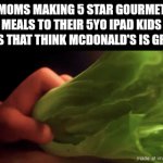 Like, put all that effort? | MOMS MAKING 5 STAR GOURMET MEALS TO THEIR 5YO IPAD KIDS KIDS THAT THINK MCDONALD'S IS GREAT | image tagged in gifs,turning red,cooking,ipad kids,mcdonalds,your mom | made w/ Imgflip video-to-gif maker