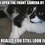 He's totally owning it. | WHEN YOU OPEN THE FRONT CAMERA BY ACCIDENT; BUT YOU REALIZE YOU STILL LOOK FABULOUS | image tagged in fluffy tuxedo cat | made w/ Imgflip meme maker