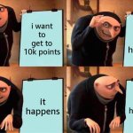 letss goooooo!!!!!! | i want to get to 10k points; itll never happen :(; it happens; it happens!!! | image tagged in memes,gru's plan,10000 points,points,yayaya,happy | made w/ Imgflip meme maker