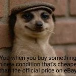 I needed a title | You when you buy something in new condition that's cheaper than the official price on eBay | image tagged in meerkat,dank,shopping,online shopping,bad luck,good luck | made w/ Imgflip meme maker