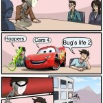 New Pixar movie ideas | Next Pixar movies; Hoppers; Cars 4; Bug’s life 2 | image tagged in memes,boardroom meeting suggestion | made w/ Imgflip meme maker