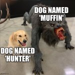 Ever Heard of the Trope 'Fluffy the Terrible' | DOG NAMED 'MUFFIN'; DOG NAMED 'HUNTER' | image tagged in dog vs werewolf,memes | made w/ Imgflip meme maker