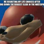 water park memes | ME REGRETING MY LIFE CHOICES AFTER GOING DOWN THE BIGGEST SLIDE IN THE WATERPARK | image tagged in ugandan knuckles,water | made w/ Imgflip meme maker