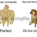 Please forgive me. | Roman numerals; Normal Numbers; Perfect; Ok but close. | image tagged in memes,buff doge vs cheems | made w/ Imgflip meme maker