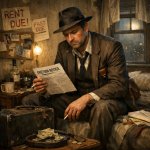 Private detective in nice suite that is very poor and barely can