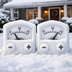 Two voltmeters made of snow in front of a house template