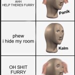 Panik Kalm Panik | AHH HELP THERES FURRY; phew i hide my room; OH SHIT FURRY FIND ME NOW | image tagged in memes,panik kalm panik | made w/ Imgflip meme maker