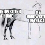 I don't actually have good handwriting tho | MY HANDWRITING AT HOME; MY HANDWRITING IN THE CAR | image tagged in horse drawing,oh wow are you actually reading these tags,stop reading the tags | made w/ Imgflip meme maker
