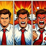 male person getting more and more angry, three times