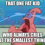 Patrick Star Crying. | THAT ONE FAT KID; WHO ALWAYS CRIES AT THE SMALLEST THING | image tagged in patrick star crying,memes | made w/ Imgflip meme maker