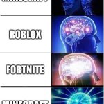 Ai meme dum | MINECRAFT; ROBLOX; FORTNITE; MINECRAFT | image tagged in memes,expanding brain,ai meme,minecraft,fortnite,roblox | made w/ Imgflip meme maker