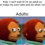Monkey Puppet Meme | Kids: I can't wait til I'm an adult so I can make my own rules and do what I want! Adults: | image tagged in memes,monkey puppet | made w/ Imgflip meme maker
