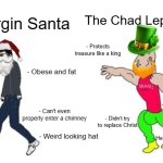 Embodiment of Luck vs The Big Red Fatty | The Virgin Santa; The Chad Leprechaun; - Protects treasure like a king; - Very Lucky; - Eats billions of cookies every Christmas; - Obese and fat; - Bullied a reindeer because of his nose; - Gorgeous top hat; - Can't even properly enter a chimney; - Didn't try to replace Christ; - Tried to replace Christ; - Healthy cookie-free diet; - Weird looking hat | image tagged in virgin vs chad,santa,leprechaun,holidays,christmas,saint patrick's day | made w/ Imgflip meme maker