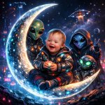 down sindrome baby in the moon with aliens