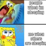 I just wanna sleep | people when im sleeping; me when others are sleeping | image tagged in screaming spongebob vs quiet spongebob | made w/ Imgflip meme maker
