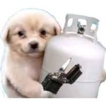 Dog holding a gas tank