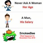 SmokeeBee meme | SmokeeBee; What Happened On November 21st, 2016 | image tagged in never ask a woman her age | made w/ Imgflip meme maker