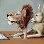 Rabbit hiding behind Lion mask typing on laptop