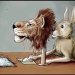 Rabbit hiding behind Lion mask typing on laptop