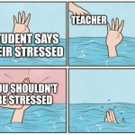 High five drown | TEACHER; STUDENT SAYS THEIR STRESSED; YOU SHOULDN'T BE STRESSED | image tagged in high five drown | made w/ Imgflip meme maker