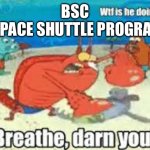 BREATHE DARN YOU | SPACE SHUTTLE PROGRAM; BSC | image tagged in breathe darn you | made w/ Imgflip meme maker
