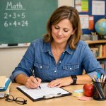 Teacher filling out paperwork
