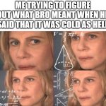 seriously, what does this mean | ME TRYING TO FIGURE OUT WHAT BRO MEANT WHEN HE SAID THAT IT WAS COLD AS HELL | image tagged in math lady/confused lady | made w/ Imgflip meme maker