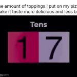 Pizza toppings | The amount of toppings I put on my pizza to make it taste more delicious and less bland: | image tagged in gifs,pizza,toppings,pizza time,memes,blank white template | made w/ Imgflip video-to-gif maker